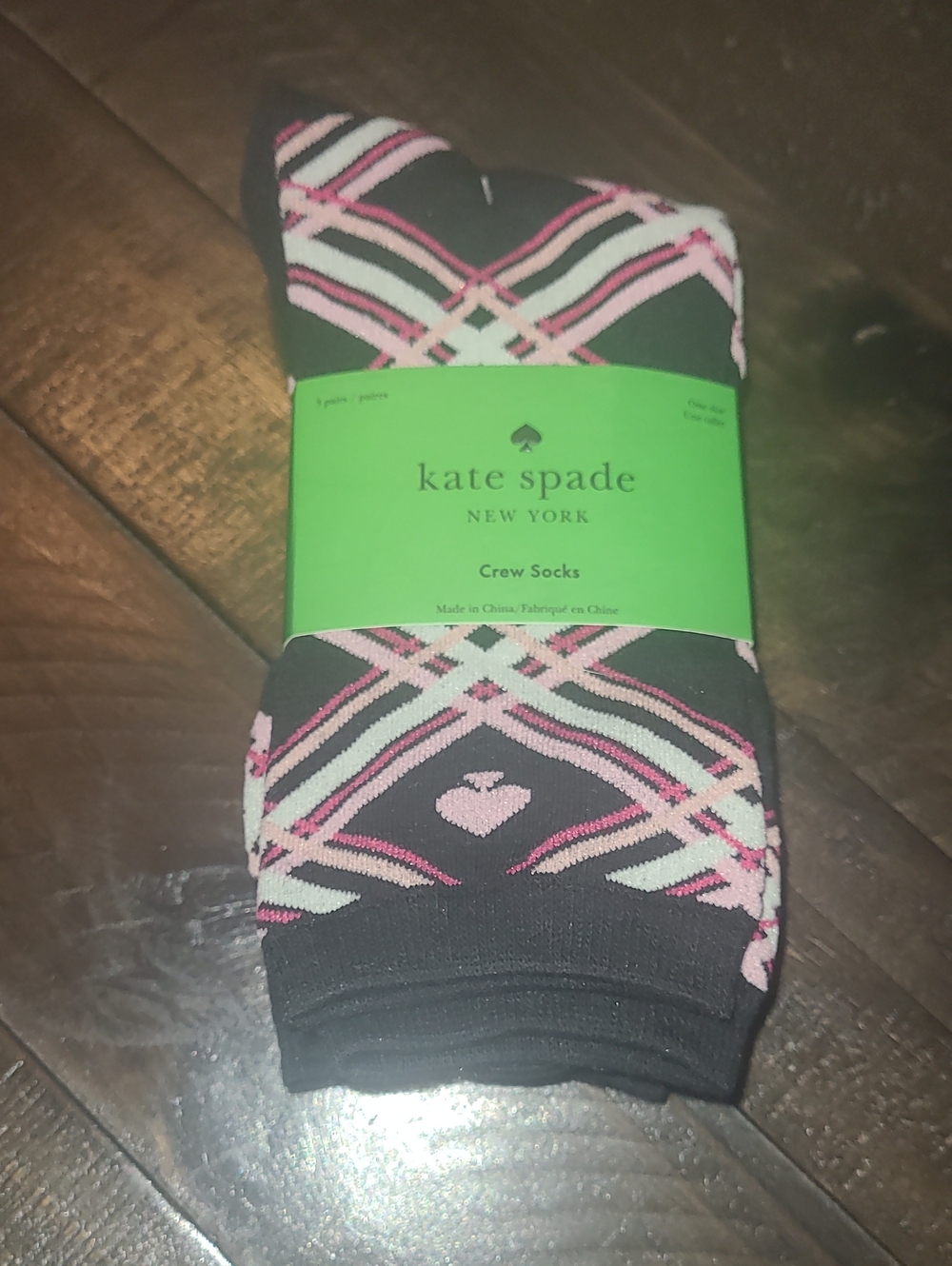 kate spade Black Crew Socks with Pink & White Geometric Pattern
